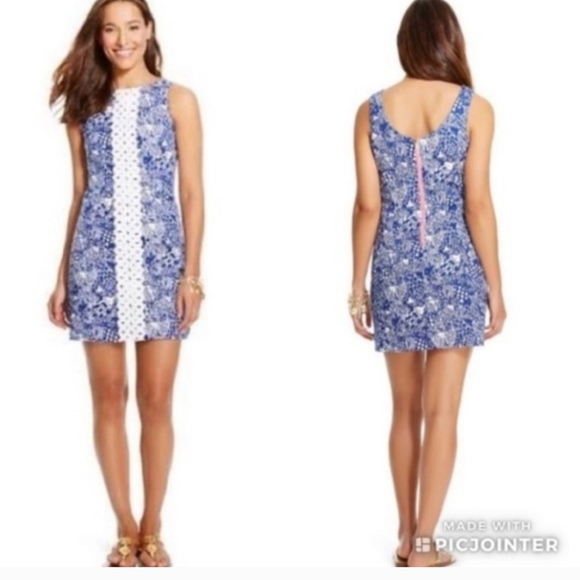 Lilly Pulitzer Dresses & Skirts - Lilly Pulitzer Blue Floral Mini Dress with White Lace Stripe